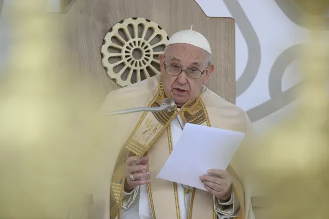 Pope Francis speaks in his Angelus address after Mass in Matera, Italy on Sept. 25, 2022. | Vatican Media