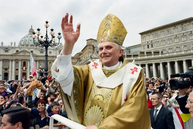 Pope Benedict XVI greets pilgrims in St. Peter's Square during his inaugural Mass April 24, 2005, as the Catholic Church's 265th pope. | Vatican Media