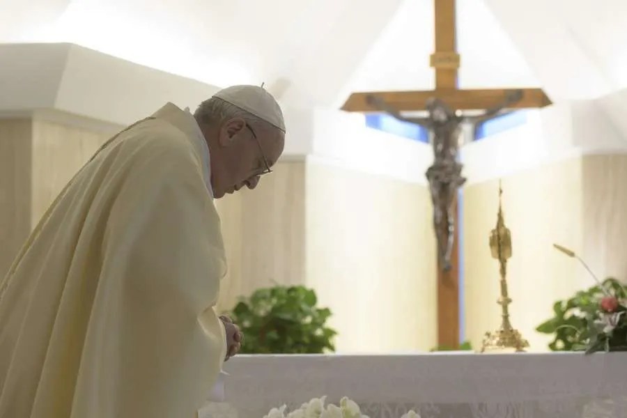 Pope Francis celebrates Mass in the chapel of the Casa Santa Marta May 8, 2020. Credit: Vatican Media.