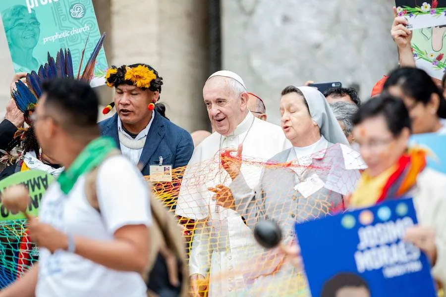 Pope Francis with pilgrims and participants as the 2019 Synod of Bishops on the Amazon opens Oct. 7, 2019 in Rome. Credit: Daniel Ibanez/CNA