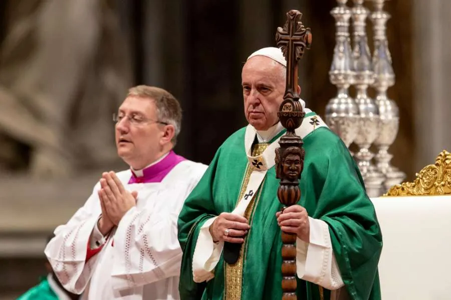Pope Francis with a new crosier for the Amazon synod closing Mass Oct. 27, 2019. Credit: Daniel Ibanez/CNA.