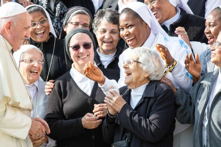 Pope Francis greets religious sisters at a general audience Oct. 30, 2019. Credit: Daniel Ibanez/CNA.