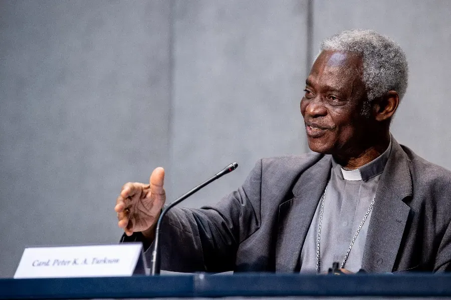 Cardinal Peter Turkson, prefect of the Dicastery for Promoting Integral Human Development, at a Vatican press conference July 7, 2020. Daniel Ibáñez/CNA.