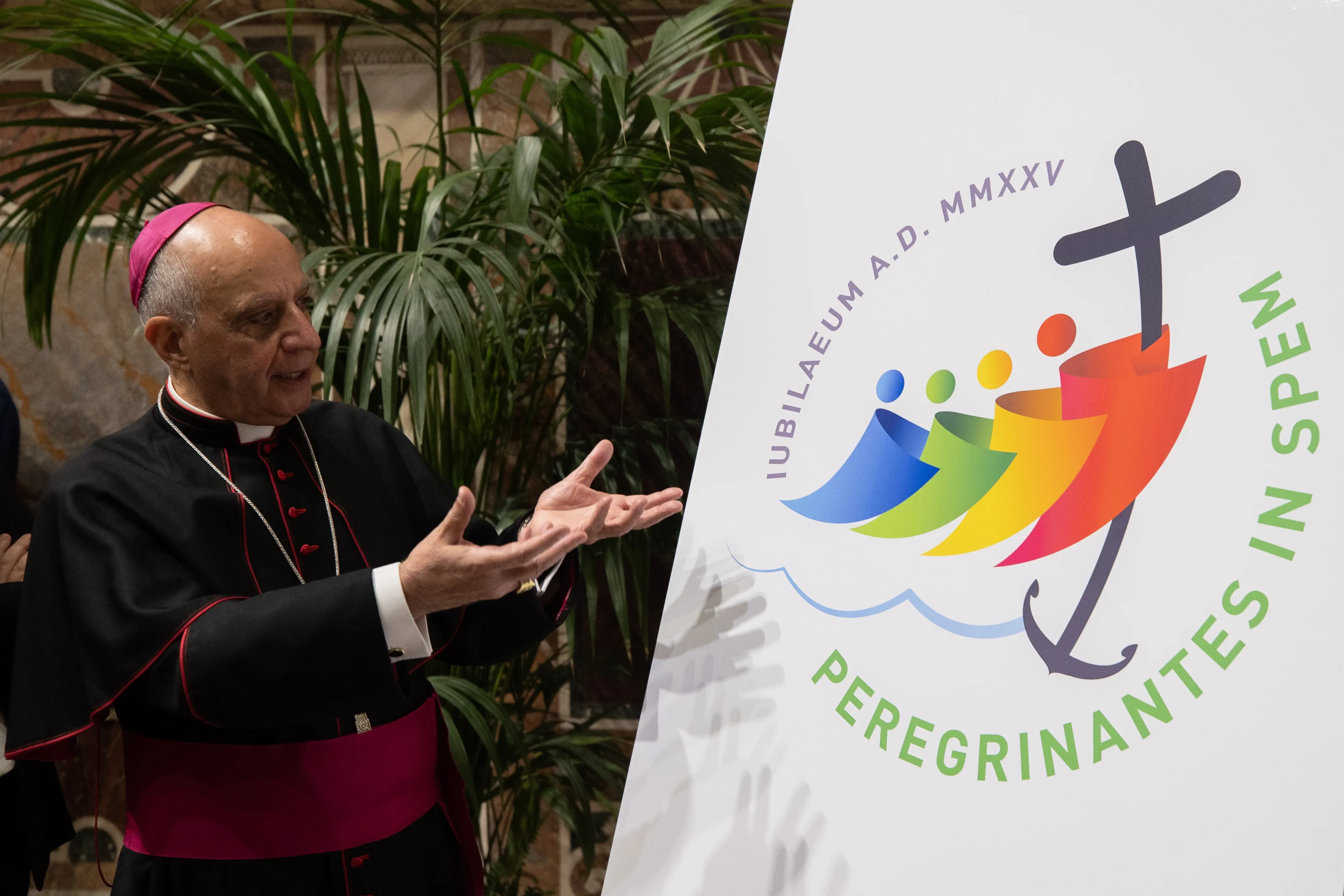Archbishop Rino Fisichella, pro-prefect of the Dicastery for Evangelization, presents the logo for the 2025 Jubilee Year, June 28, 2022. Daniel Ibanez/CNA