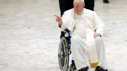 Pope Francis greets the crowd in a wheelchair at his general audience, Aug. 3, 2022. Daniel Ibanez/CNA