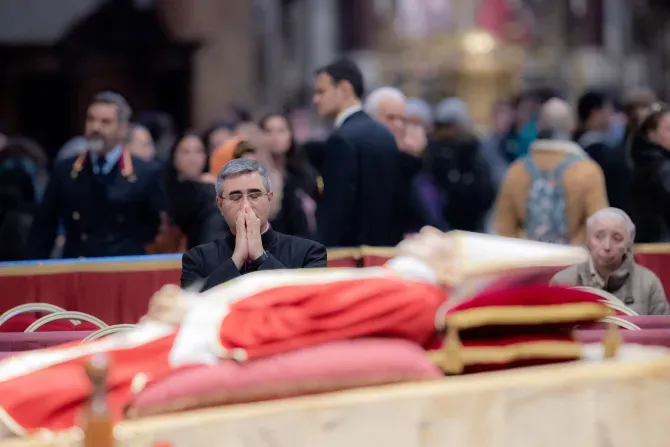 The mortal remains of Pope Emeritus Benedict XVI were moved early in the morning on Jan. 2, 2023, from his former residence in the Vatican's Mater Ecclesiae Monastery to St. Peter's Basilica, where the late pope is lying in state through Jan. 4. Thousands waited in line to pay their respects. | Daniel Ibañez / EWTN