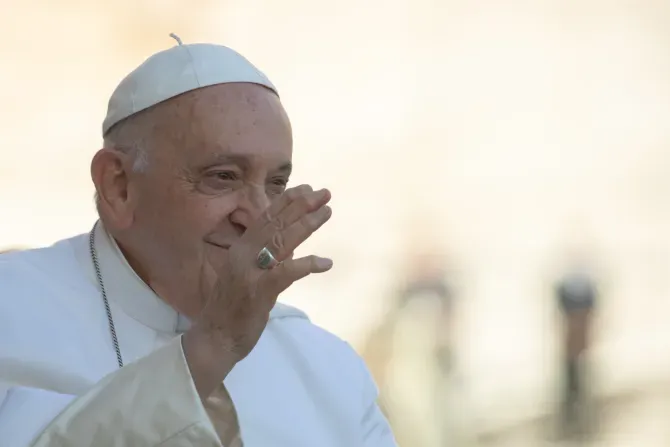 Pope Francis smiles during his general audience in St. Peter's Square Sept. 27, 2023. | Daniel Ibanez/CNA
