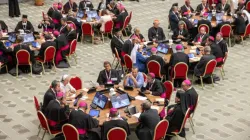 Synod on Synodality delegates in small groups listen on Oct. 4, 2023, to Pope Francis’ guidance for the upcoming weeks. | Credit: Daniel Ibáñez/EWTN News