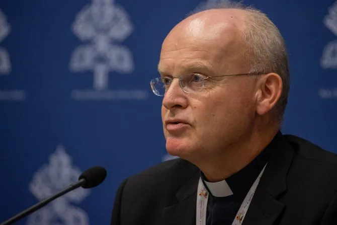 Bishop Franz-Josef Overbeck of Essen, Germany at the Synod on Synodality press briefing Oct. 21, 2023. | Credit: Daniel Ibáñez