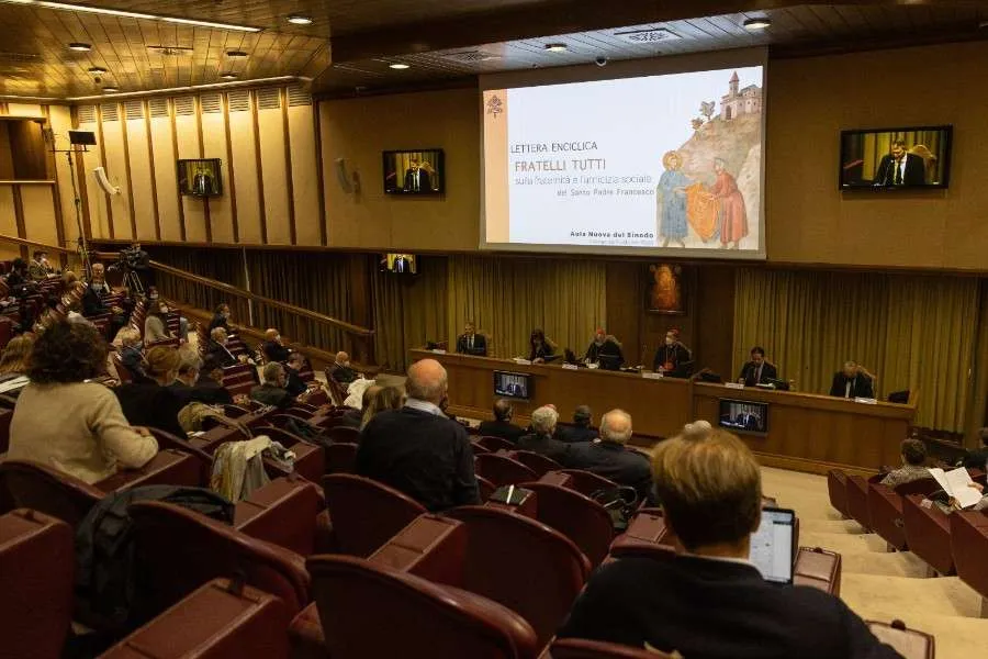 A conference presenting Pope Francis’ encyclical "”Fratelli tutti” at the New Synod Hall in the Vatican, Oct. 4, 2020.