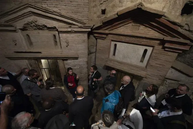 An archaeological guide provided historical information and answered questions during a visit to the catacombs by delegates of the Synod on Synodality. Early Christians gathered within the catacombs for funeral rites and to honor the martyrs. Rome, Italy. Oct. 12, 2023. | Credit: Vatican Media