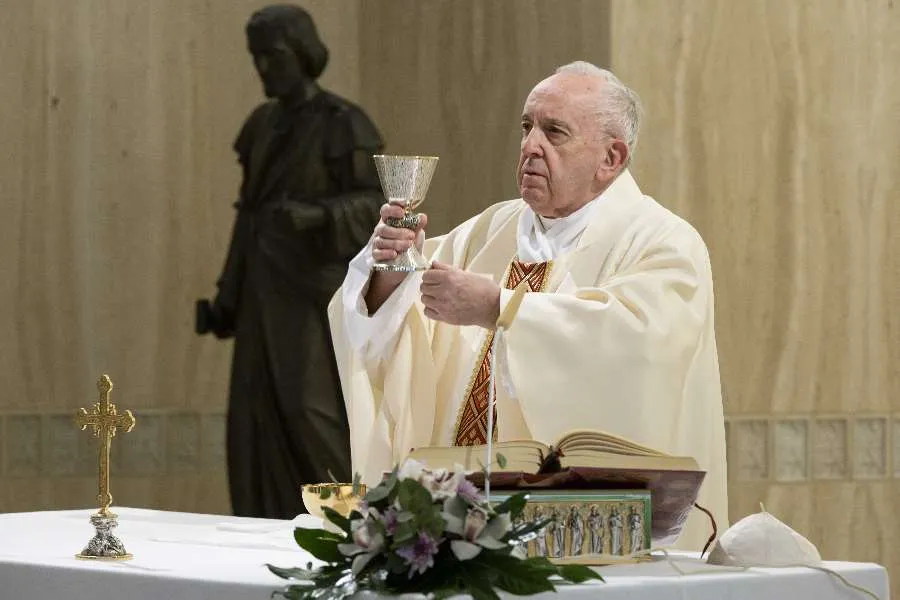 Pope Francis celebrates Mass for the Feast of St. Joseph the Worker in the chapel of Casa Santa Marta May 1, 2020. Credit: Vatican Media.