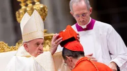 Pope Francis places the red biretta on Cardinal Miguel Ángel Ayuso Guixot Oct. 5, 2019. Credit: Daniel Ibanez/CNA.