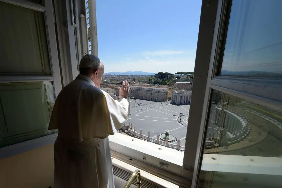 Pope Francis offers a blessing from the window of the Apostolic Palance April 26, 2020. Credit: Vatican Media/CNA.