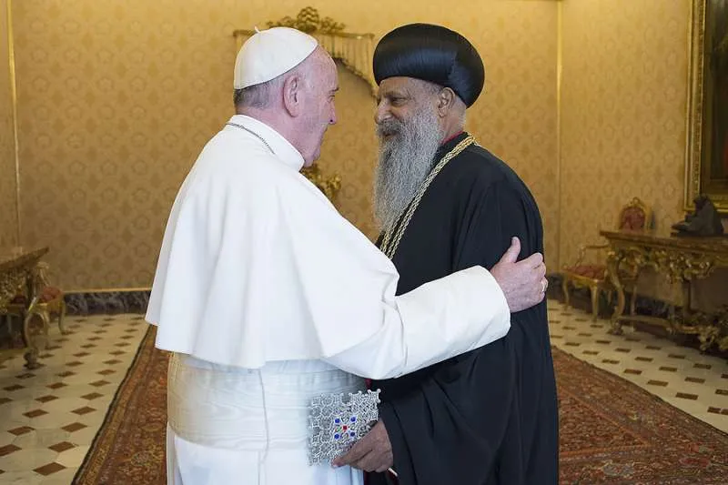 Pope Francis greets Ethiopian Orthodox Patriarch Abune Mathias Feb. 29, 2016. Credit: Vatican Media.