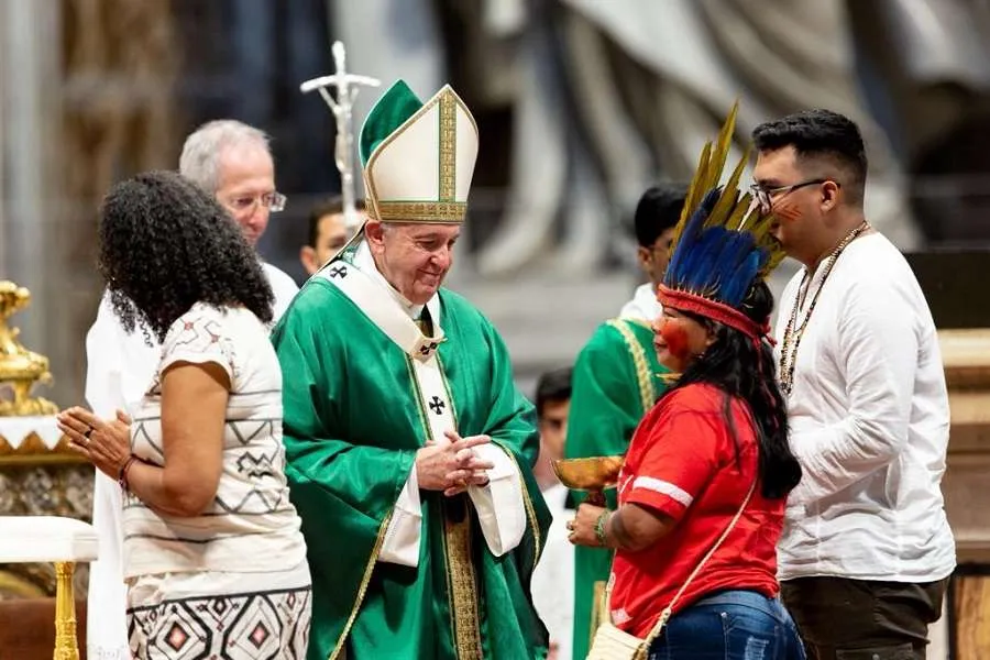 Pope Francis at the opening Mass for the Amazon synod Oct. 6, 2019. Credit: Daniel Ibanez/CNA.