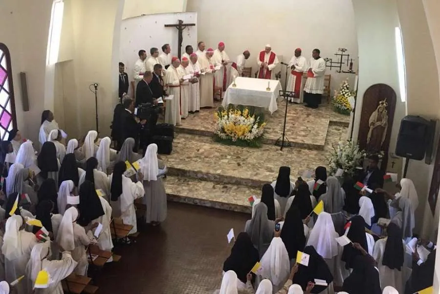 Pope Francis prays Terce with contemplative nuns in Madagascar Sept. 7, 2019. Credit: Vatican press pool.