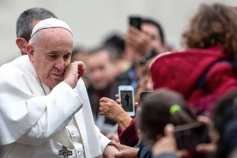 Pope Francis greets pilgrims before his general audience Feb. 26, 2020. Credit: Daniel Ibanez/CNA.