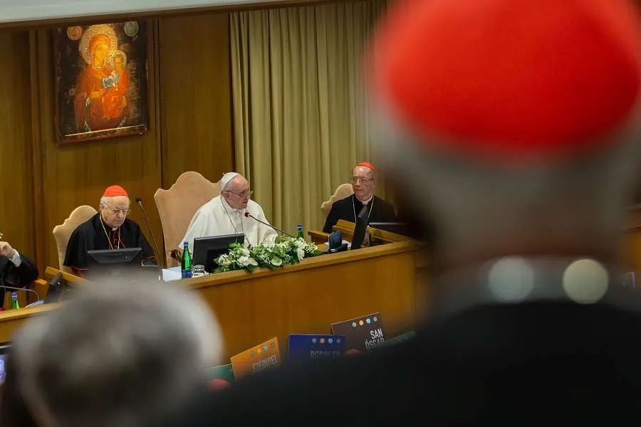 Pope Francis speaks in the Vatican's synod hall, Oct. 7, 2019. Credit: Daniel Ibanez/CNA