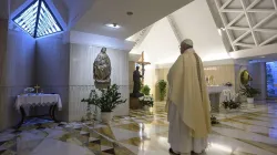 Pope Francis stops before a statue of Mary in the chapel of Casa Santa Marta May 4, 2020. Credit: Vatican News.