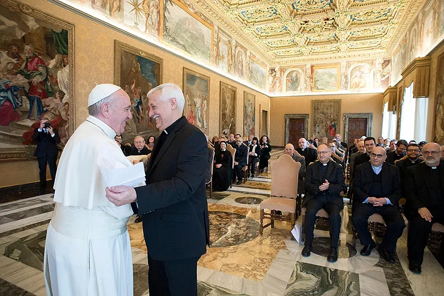 Pope Francis greets Jesuit Superior General Father Arturo Sosa in the Clementine Hall on Feb. 9, 2017. Vatican Media.