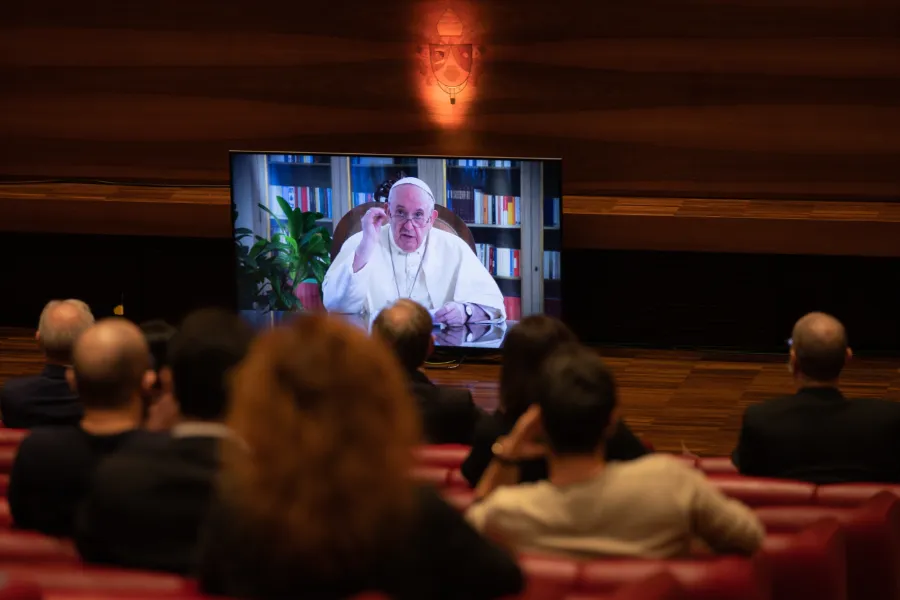 Pope Francis speaks in video message to participants in the launch of the Global Compact on Education Oct. 15, 2020. Credit: Credit: Daniel Ibáñez/CNA.