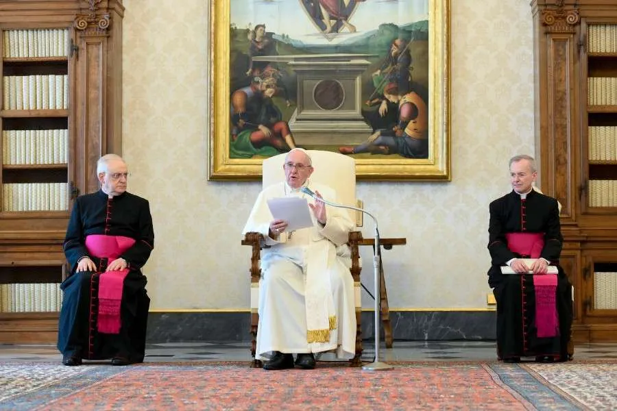 Pope Francis gives a general audience address in the library of the Apostolic Palace. Credit: Vatican Media