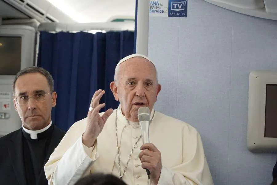 Pope Francis during an in flight press conference on the papal plane, Nov. 26, 2019. Credit: Hannah Brockhaus/CNA