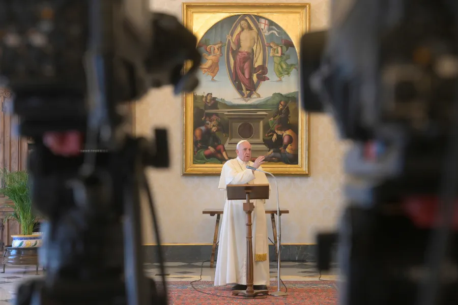 Pope Francis delivers a Regina Coeli address in the library of the Apostolic Palace. / Vatican Media.