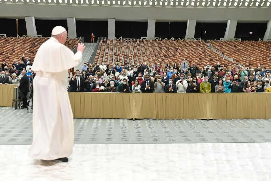 Pope Francis waves to pilgrims at his general audience at the Paul VI Audience Hall Oct. 28. 2020. Credit: Vatican Media.
