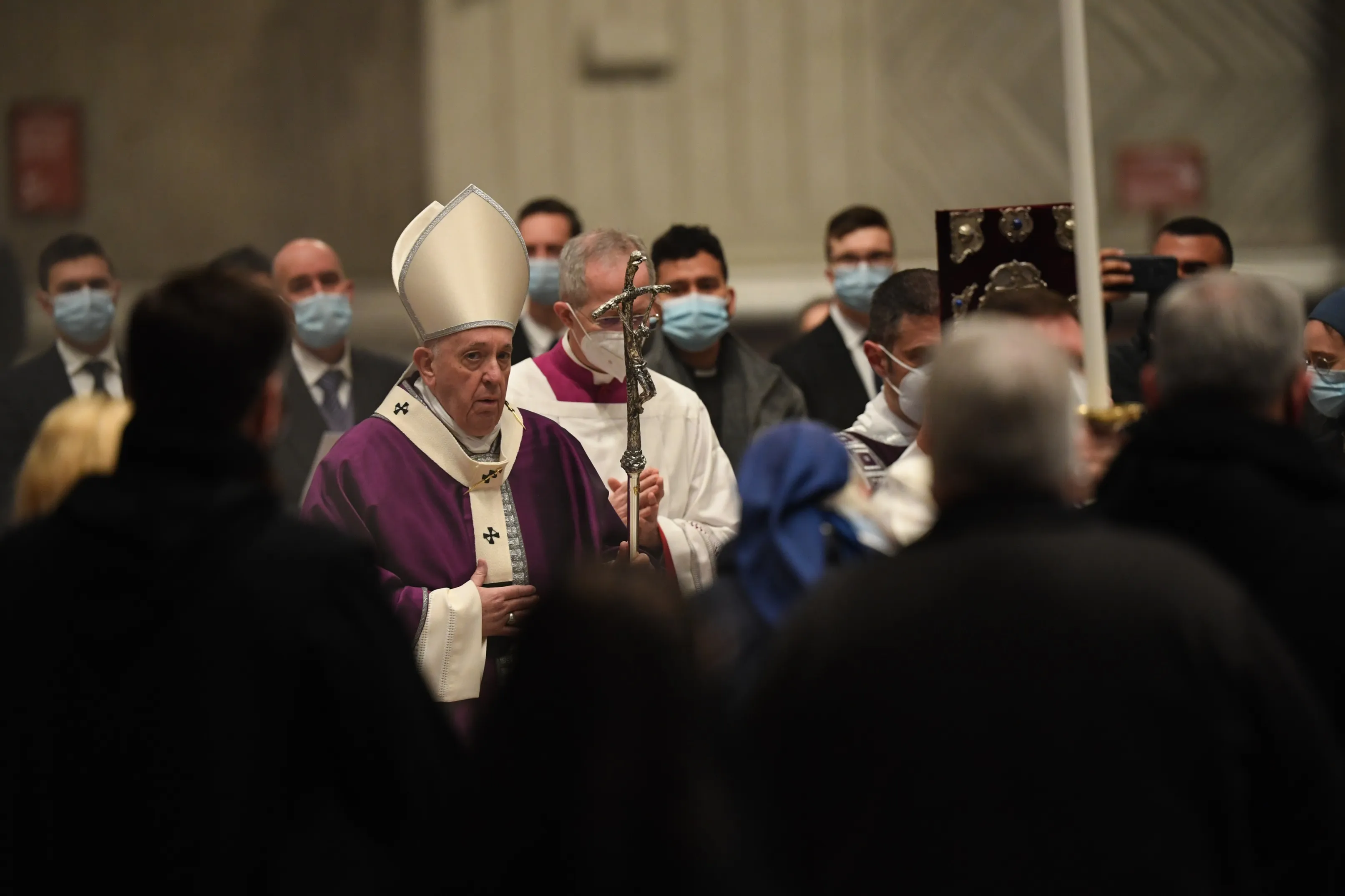 Bishop-elect Guido Marini walks beside Pope Francis on Ash Wednesday 2021 in St. Peter's Basilica. Vatican Media