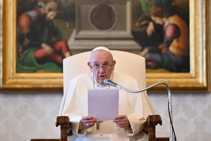 Pope Francis at his general audience address in the library of the Apostolic Palace April 7, 2021. / Vatican Media.