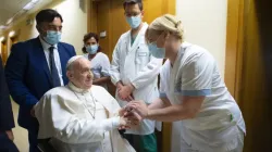 Pope Francis greets staff at the Gemelli Hospital in Rome, July 11, 2021. | Vatican Media.
