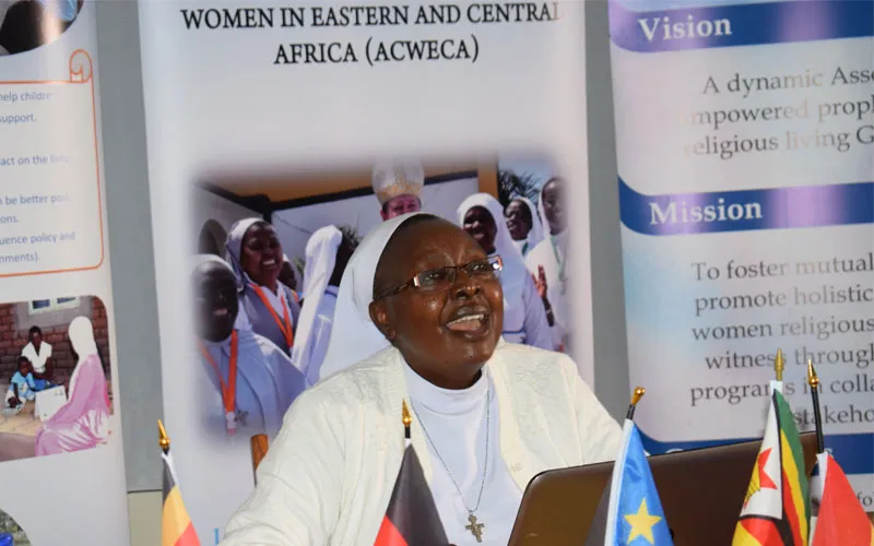 Sr. Bibiana Ngundo, a lecturer in African Culture and Religion at Kenya’s Catholic University of Eastern Africa (CUEA) during her presentation at the ongoing 18th Plenary Assembly for the Association of Consecrated Women in Eastern and Central Africa (ACWECA). Credit: ACWECA