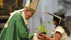 An indigenous woman from the Amazon region hands Pope Francis a plant during the closing Mass of the Synod / Vatican Media