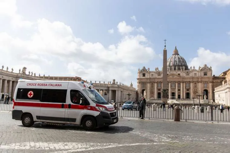 A red cross ambulance passes in front of the Vatican as Italy prepares for the coronavirus, March 9, 2020. / Daniel Ibanez/CNA