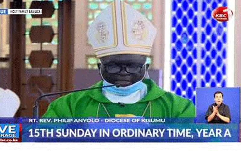 KCCB Chairman, Archbishop Philip Anyolo presiding over a televised Mass at the Holy Family Minor Basilica in Nairobi. / Kenya Broadcasting Corporation (KBC)