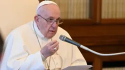 Pope Francis speaks from the Apostolic Palace during his general audience livestream April 14, 2021./ Vatican Media/CNA