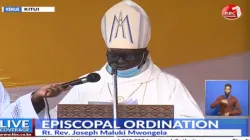 Archbishop Philip Anyolo, Chairman Kenya Conference of Catholic Bishops (KCCB) reading the message of the Bishops at Episcopal Ordination of the new Bishop of Kenya’s Kitui diocese, Saturday, August 29.