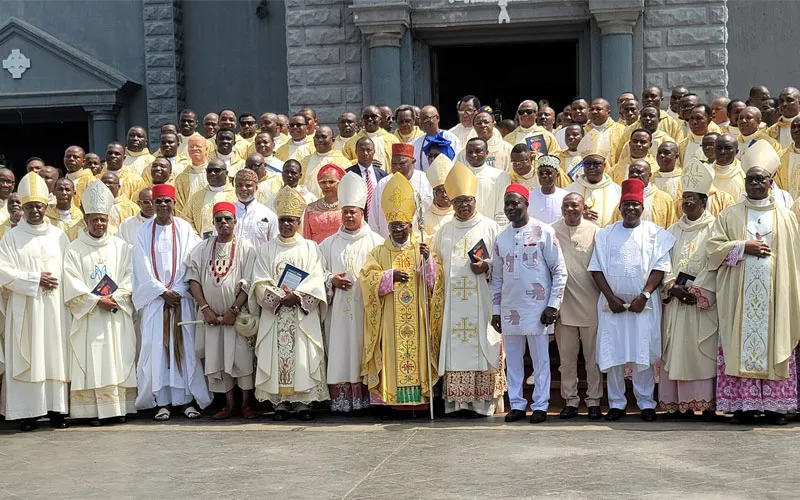 Francis Cardinal Arinze with Catholic Bishops, Priests, and other dignitaries after Holy Mass marking his 90th Anniversary. Credit: Courtesy Photo
