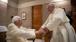 Pope Francis greets Benedict XVI at the Vatican’s Mater Ecclesiae Monastery on Nov. 28, 2020. Credit: Vatican Media.