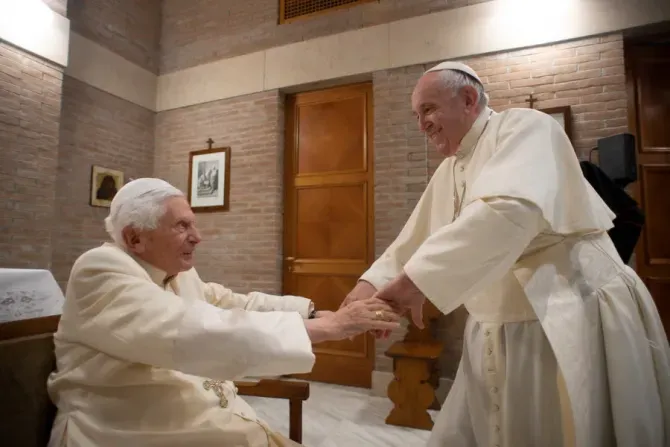 Pope Francis greets Benedict XVI at the Vatican’s Mater Ecclesiae Monastery on Nov. 28, 2020. Credit: Vatican Media.