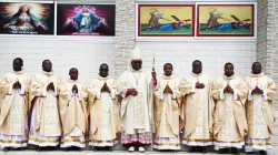 Bishop Michael Miabesue Bibi with the eight Priests he ordained on 5 April 2024. Credit: ACI Africa