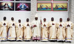 Bishop Michael Miabesue Bibi with the eight Priests he ordained on 5 April 2024. Credit: ACI Africa