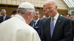 Pope Francis greets then-U.S. Vice President Joe Biden at the Vatican in this April 29, 2016. Vatican Media