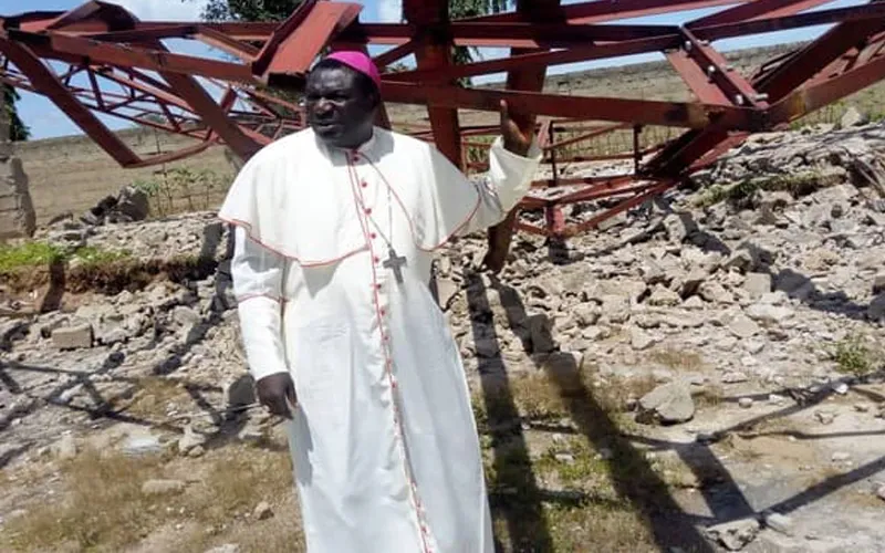 Bishop Hilary Nanman Dachelem of Bauchi, Nigeria, surveys damage inflicted on a parish church by Boko Haram and Fulani herdsmen. Credit: Aid to the Church in Need
