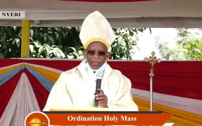 Archbishop Peter Joseph Kairo speaking during the ordination of four Priests and seven Deacons for Kenya’s Nyeri Archdiocese Saturday, November 7. / Capuchin TV/Facebook Page.