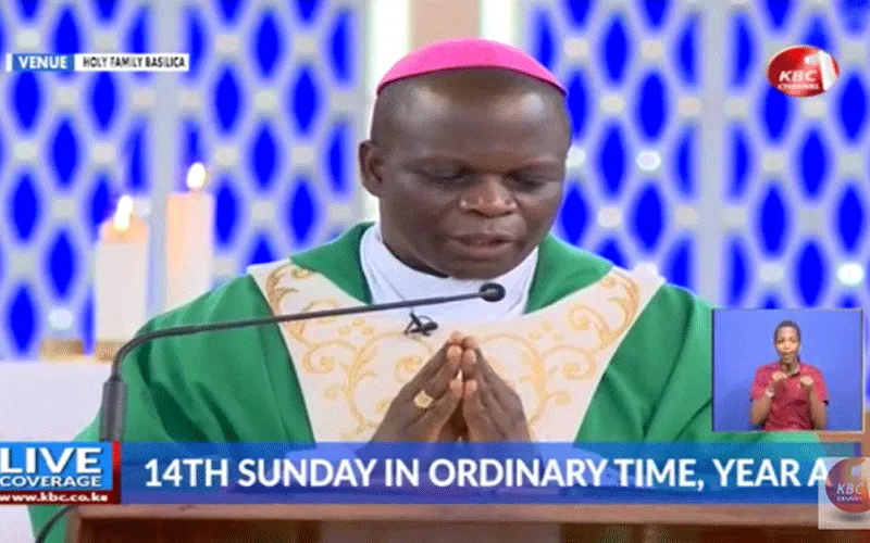 Bishop Maurice Muhatia Makumba presiding over a televised Mass at Holy Family Minor Basilica, Nairobi on Sunday, June 5. / Kenya Broadcasting Corporation/ Twitter