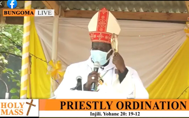 Bishop Joseph Obanyi Sagwe during the Priestly Ordination of Priestly ordination of Deacon Reuben Kemei in Kenya's Bungoma Diocese/ Credit: Courtesy Photo