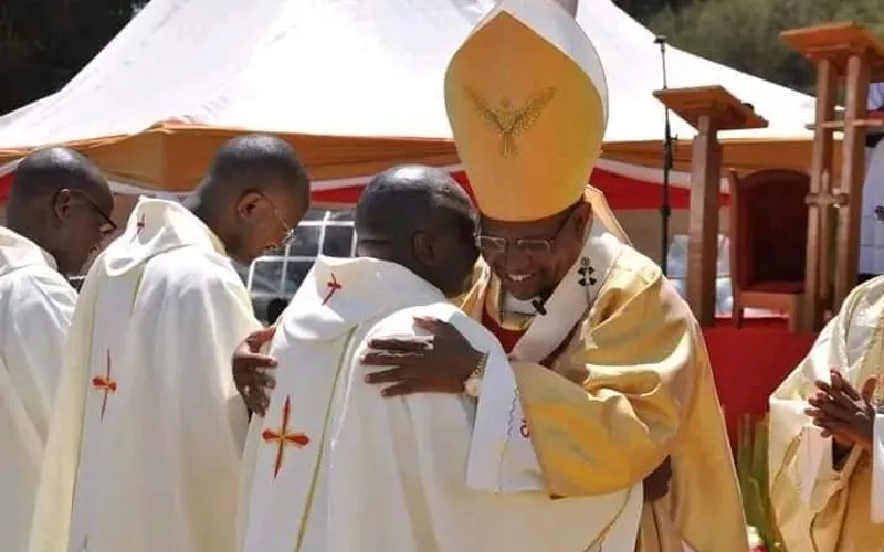 Fr. Michael Mithamo King’ori embraces Archbishop Anthony Muheria during the January 14 Ordination Mass. Credit: Nyeri Archdiocese